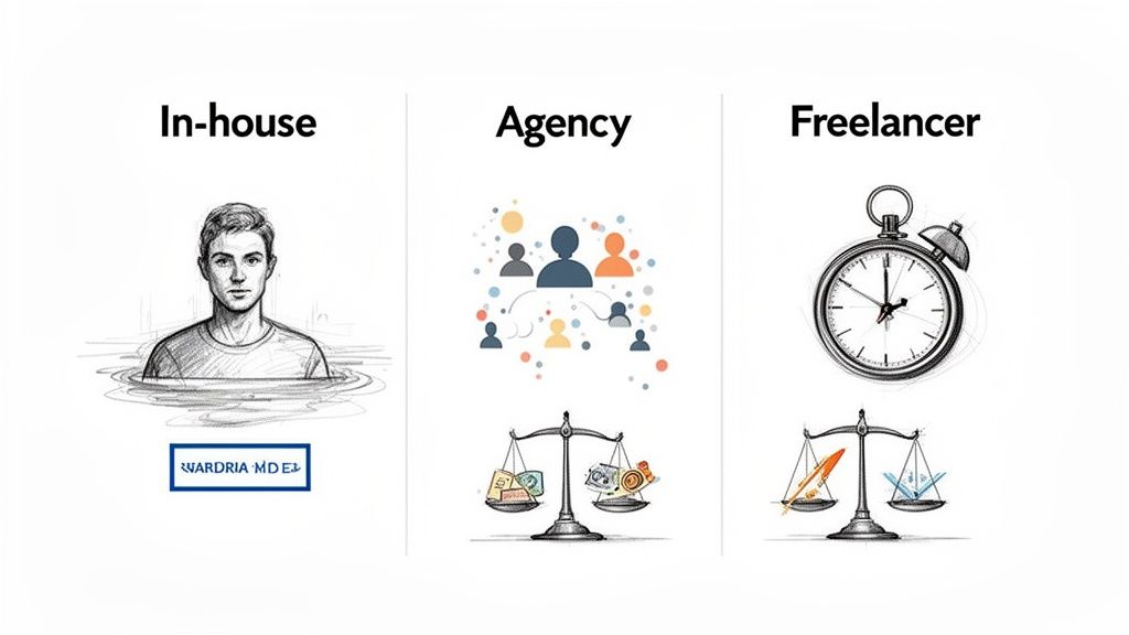 Illustrations comparing in-house, agency, and freelancer work models with symbols for dedication, team, money, time, and skill.