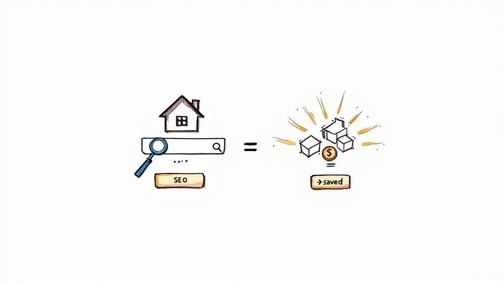 Illustration showing a house search leading to SEO results and saved money for vacation rentals.
