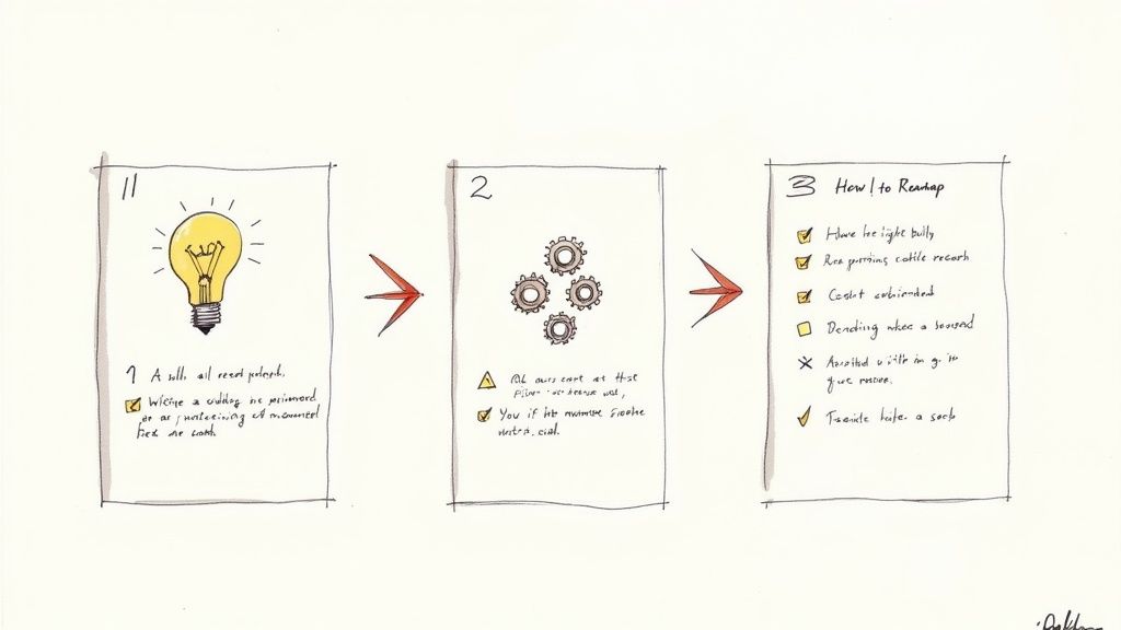 Three-panel illustration showing creative process from lightbulb idea to execution plan with checkboxes