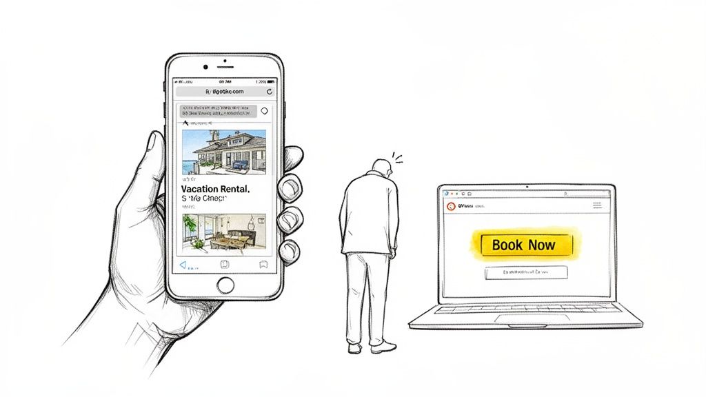 A person views a vacation rental website on a smartphone, while a man looks at a laptop showing a 'Book Now' button.