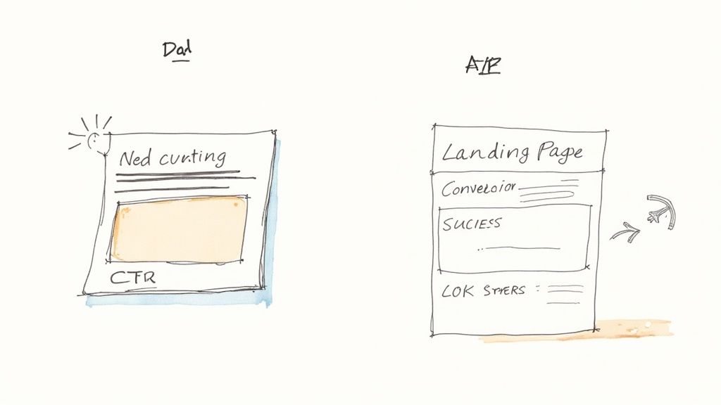 A split-screen image showing a PPC ad on one side and a corresponding high-converting landing page on the other, illustrating the connection between the two.