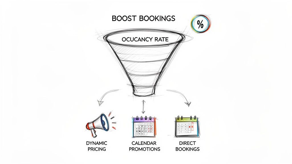 Diagram showing how dynamic pricing, calendar promotions, and direct bookings boost occupancy rate.