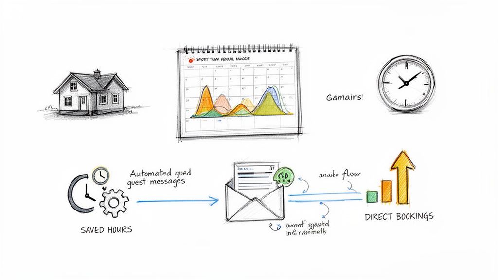 Diagram illustrating automated short-term rental management, saving hours, and increasing direct bookings through guest messages.