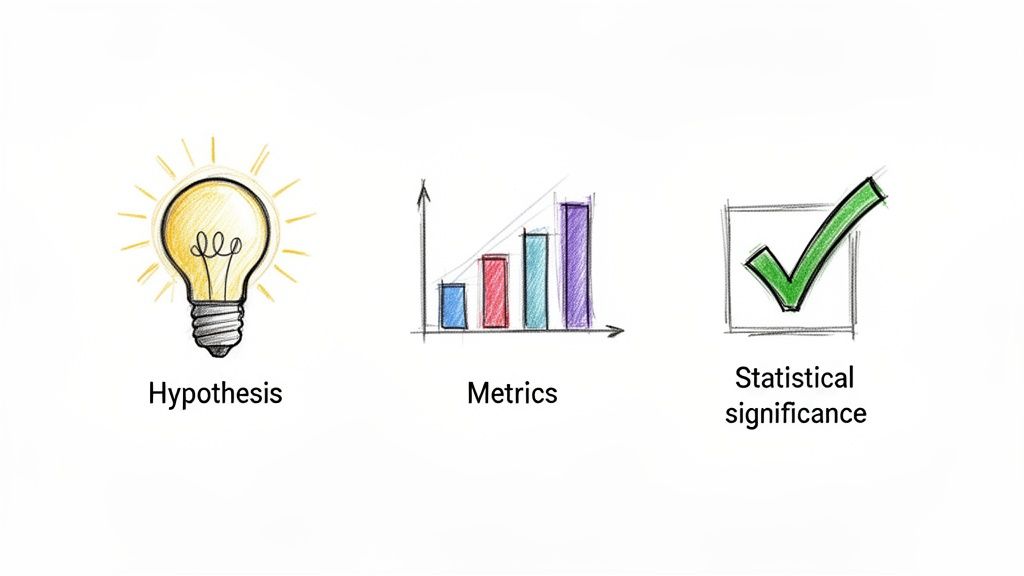 Illustration depicting the A/B testing process: hypothesis (lightbulb), metrics (bar chart), and statistical significance (checkmark).