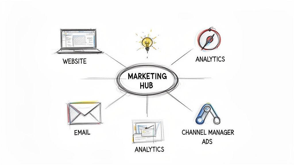 A marketing hub diagram illustrating connections to website, email, analytics, and channel manager ads.