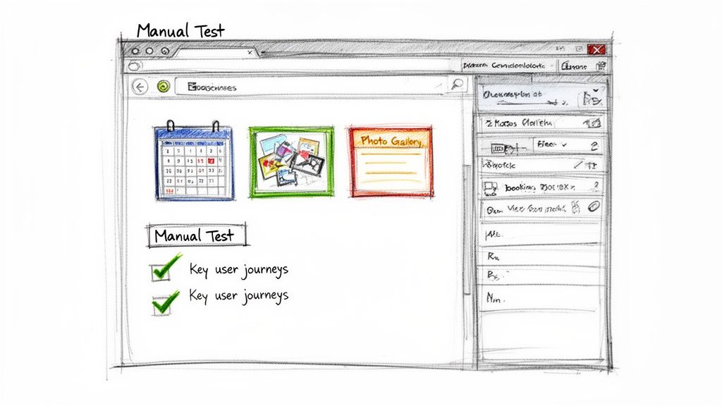 Hand-drawn sketch of a web browser interface with calendar, photo gallery, and user journey checklist.