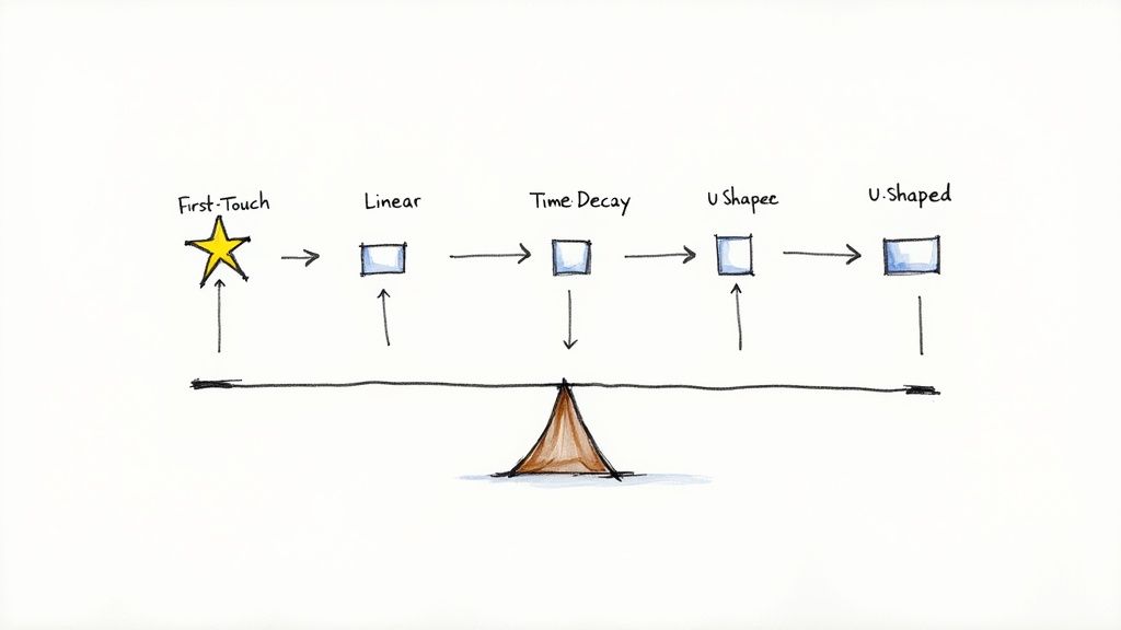 Marketing attribution model diagram showing customer journey from first touch through linear to U-shaped attribution