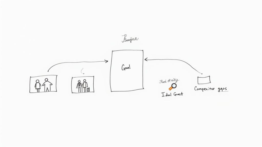Hand-drawn diagram showing 'Goal' influenced by customer types, ideal guest strategy, and competitor gaps.