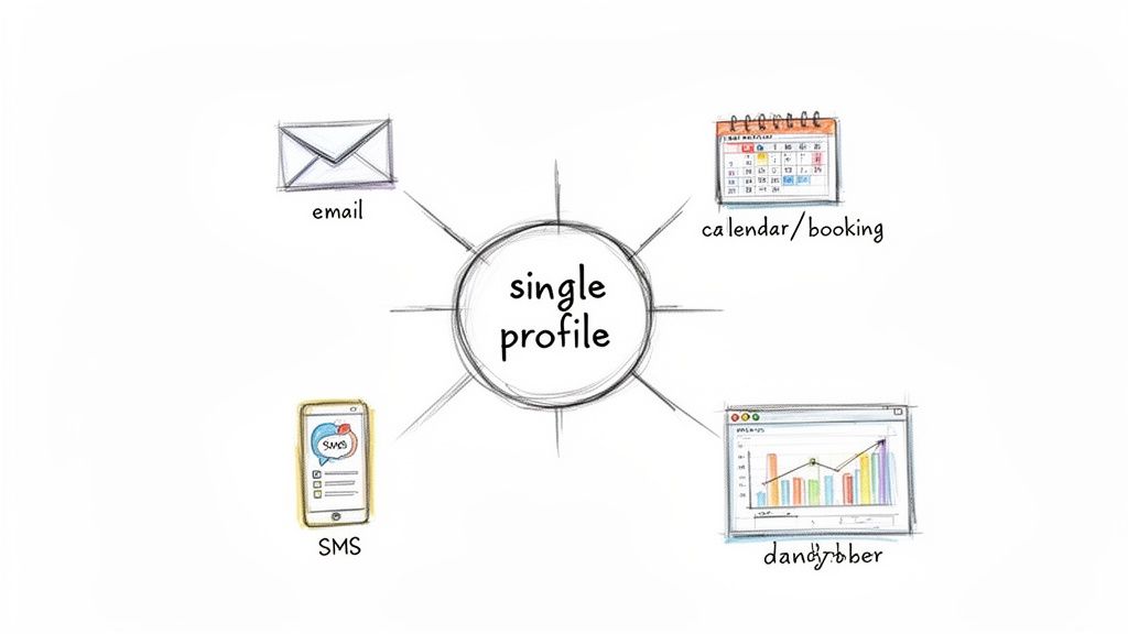 Diagram illustrating a single guest profile connected to email, calendar/booking, SMS, and a data analytics dashboard.