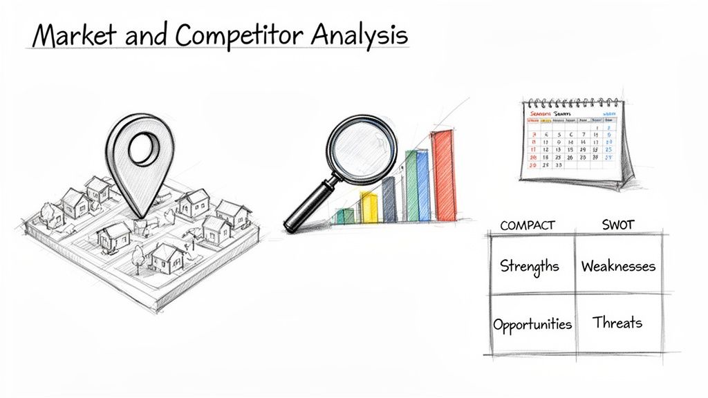 A sketch illustrating market and competitor analysis concepts: location, data, calendar, and a SWOT matrix.