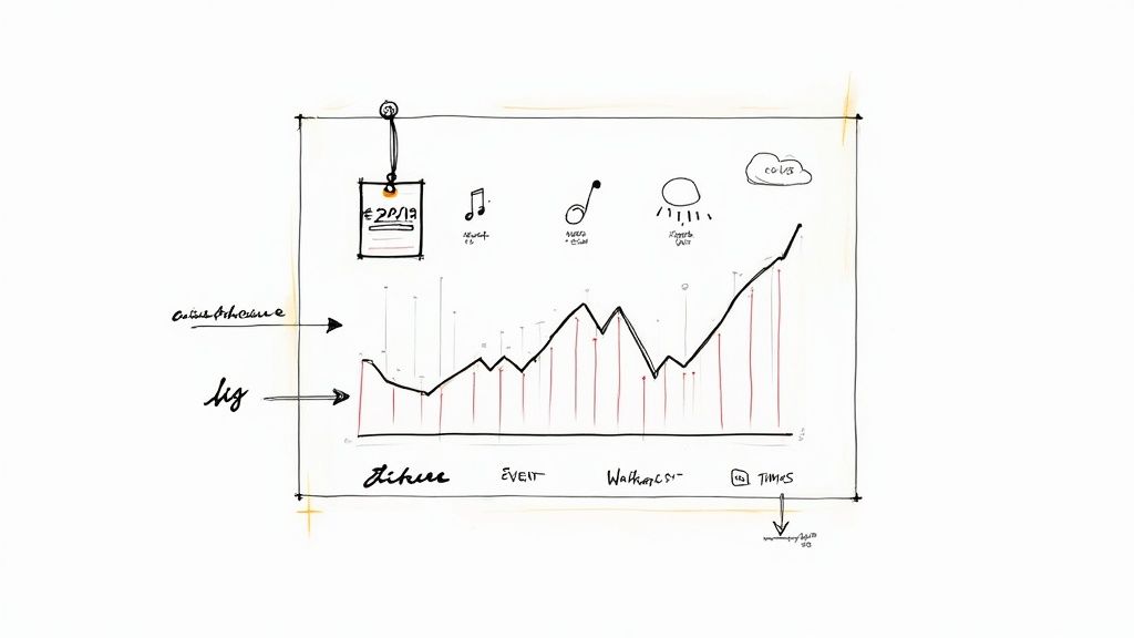 A hand-drawn sketch of a line graph with various icons and labels, representing a data analysis concept.