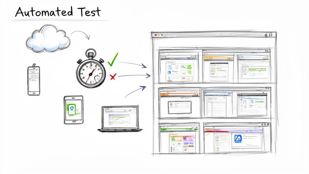 Diagram showing automated cross-browser and cross-device testing with cloud, stopwatch, and test results.