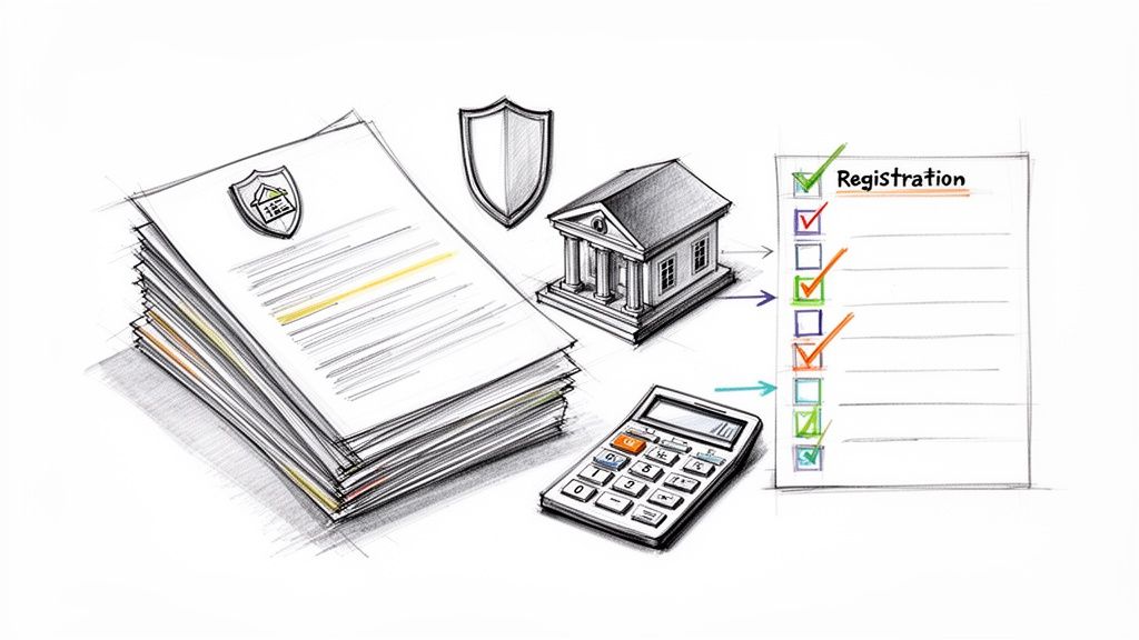 Illustration showing property documents with a house shield, a bank, a calculator, and a registration checklist.
