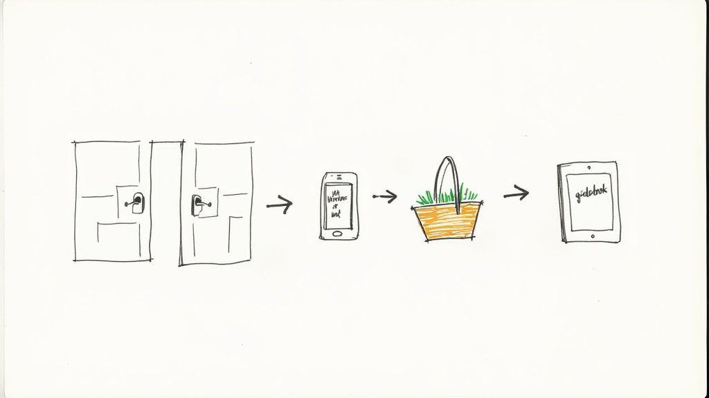 A hand-drawn sketch illustrates a sequence from doors, a phone, a basket, to a digital guidebook.