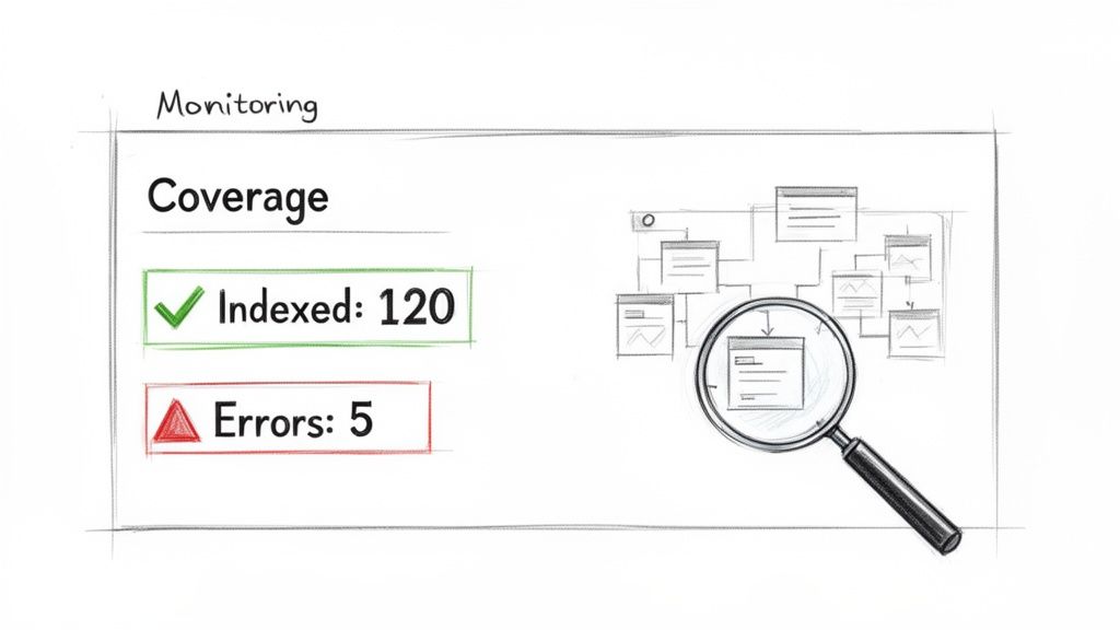 A sketch of website monitoring showing 120 indexed pages, 5 errors, and a sitemap being inspected.