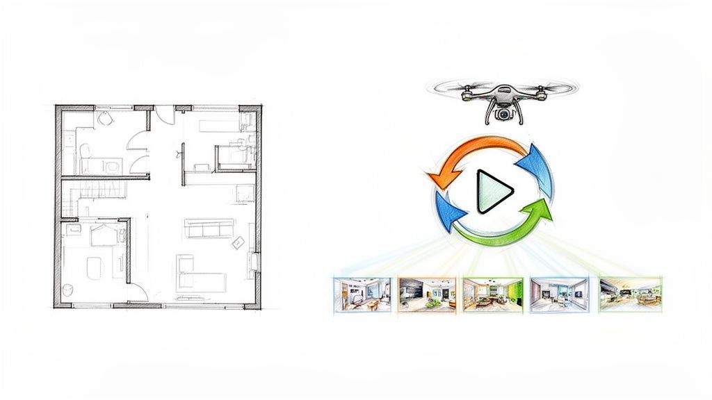 A drone scanning a floor plan to create a virtual tour with multiple room views.