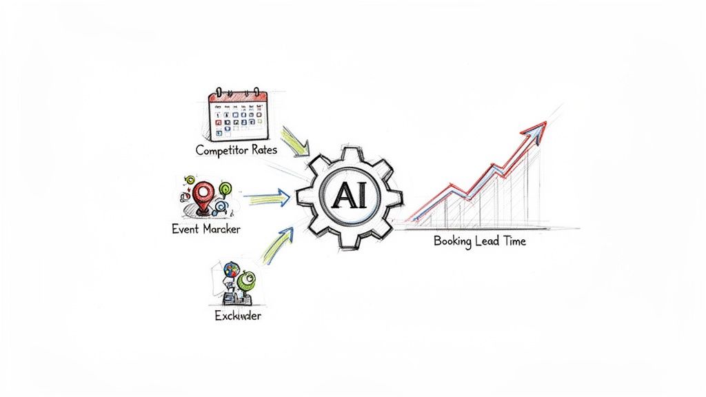 AI engine processes competitor rates, event data, and market excluders to optimize booking lead time.