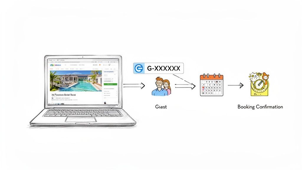 Diagram illustrating an online vacation rental booking process from a laptop to guest confirmation.