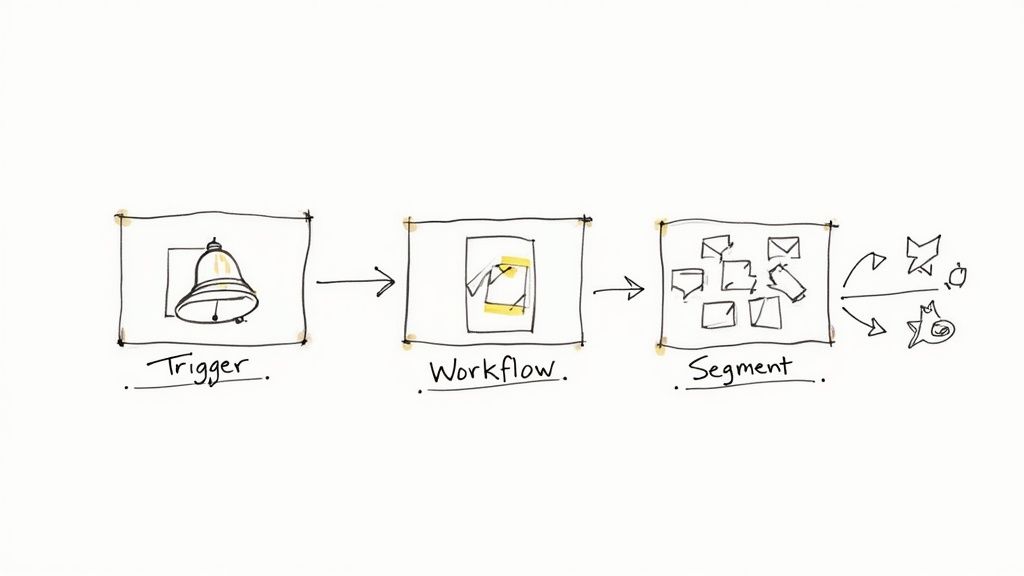 A hand-drawn diagram illustrating a marketing automation process with Trigger, Workflow, and Segment steps.