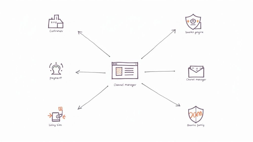 A diagram illustrating a central channel manager connecting to various external services for booking and operations.