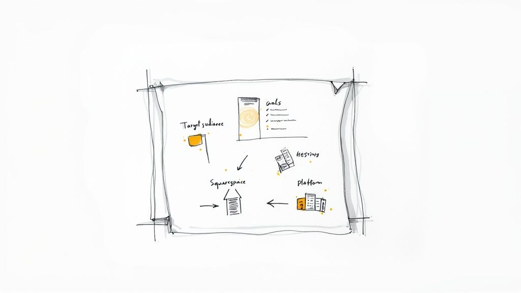 A hand-drawn diagram illustrating a website development or business planning process with key elements.