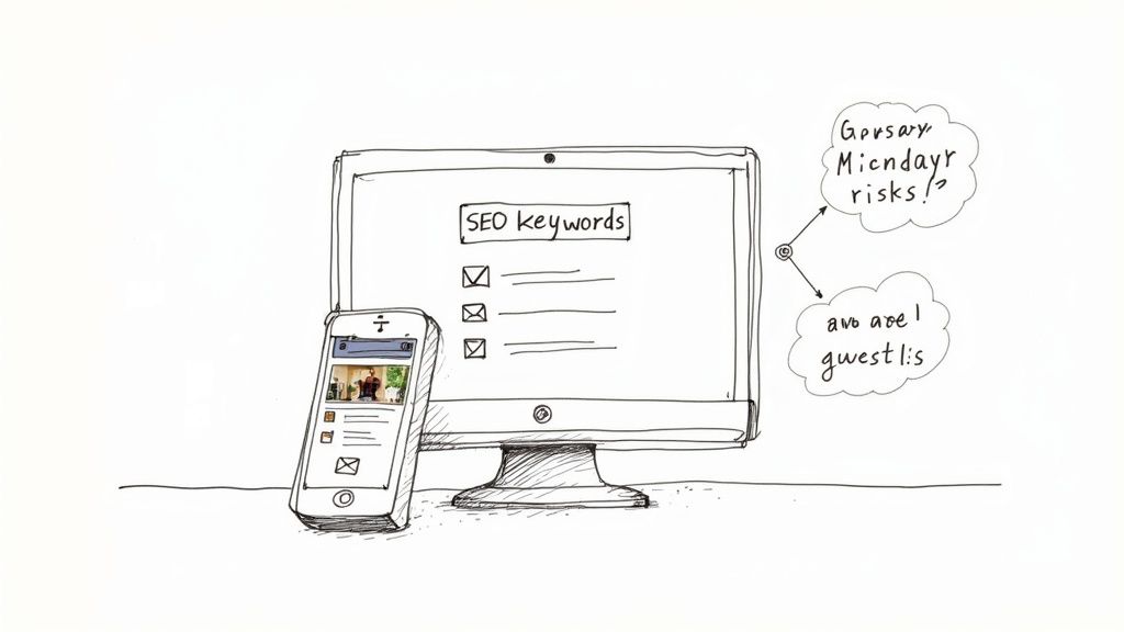 A person on a laptop marketing a vacation rental, with social media and email icons floating around.