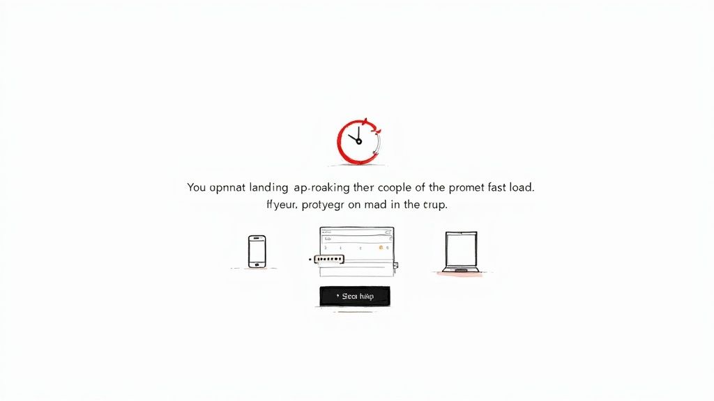 A loading screen with a red clock icon, text, and illustrations of digital devices including a password field.