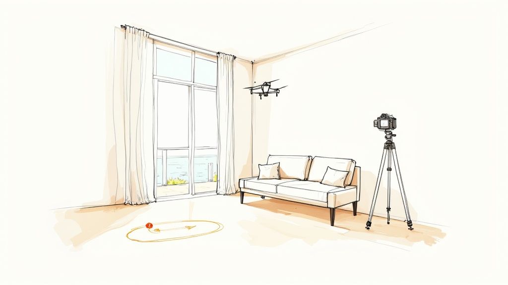 Modern minimalist living room with drone, camera on tripod, and large windows for vacation rental photography