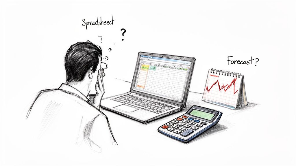 A person looks confused at a laptop with a spreadsheet, calculator, and forecast chart.