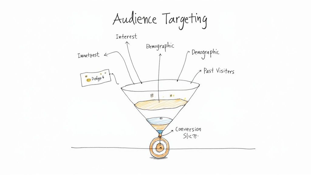 A diagram illustrating a marketing funnel for audience targeting, detailing inputs like interest, demographics, and past visitors.