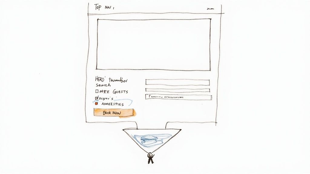 A hand-drawn wireframe sketch of a vacation rental website showing search filters and a 'Book Now' button.