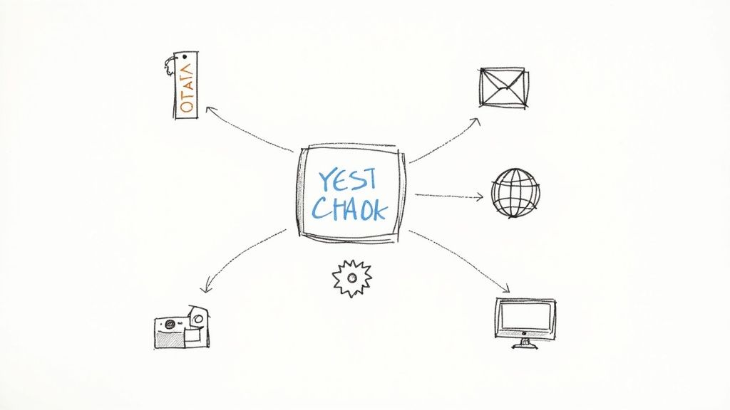 A person's hands on a laptop keyboard, with a smartphone displaying a vacation rental booking app next to it, symbolizing online booking channels.