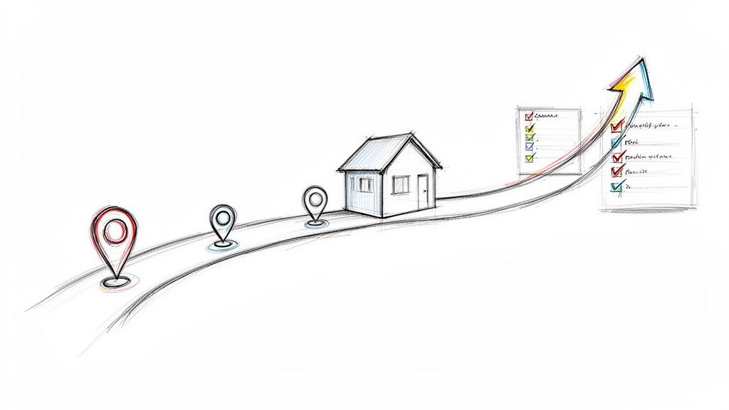 Hand-drawn roadmap with location pins, a house, and checklists leading to an upward arrow of success.
