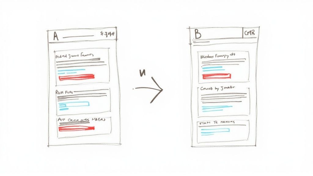 Hand-drawn sketch comparing two user interface wireframes, labeled A and B, with content sections and an arrow.