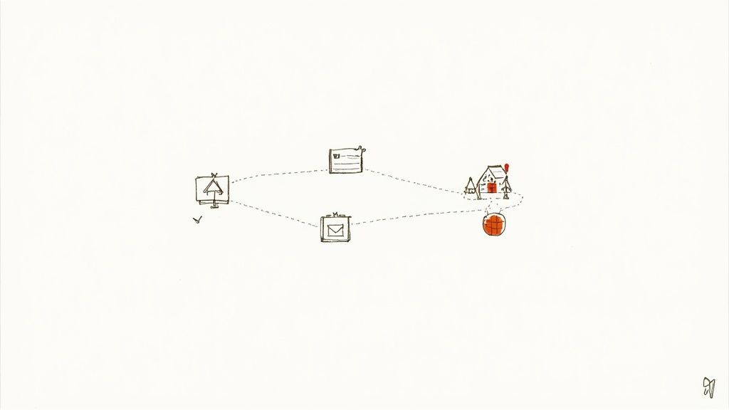 Marketing attribution diagram showing customer journey touchpoints connected by dotted lines with analytics icons