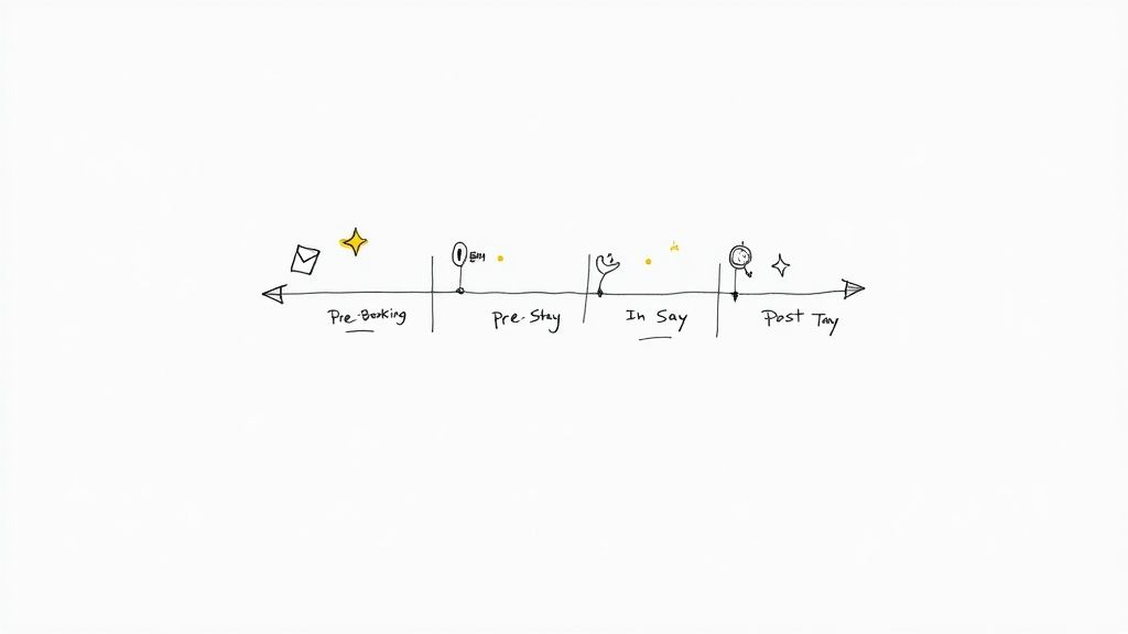 A hand-drawn timeline diagram illustrating the customer journey with phases: pre-booking, pre-stay, in-stay, and post-stay.