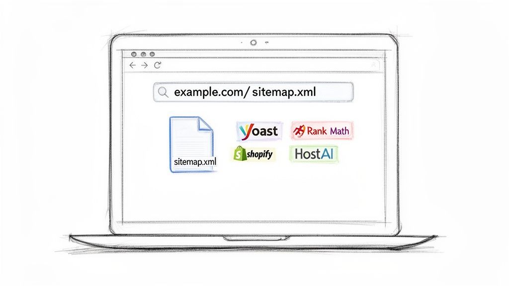 Laptop displays a browser with 'sitemap.xml' URL and popular SEO tools like Yoast and Rank Math.