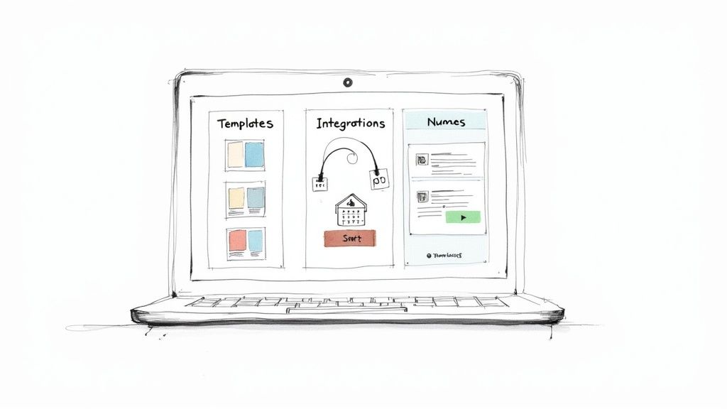 A hand-drawn sketch of a laptop screen displaying user interface concepts for templates, integrations, and data.