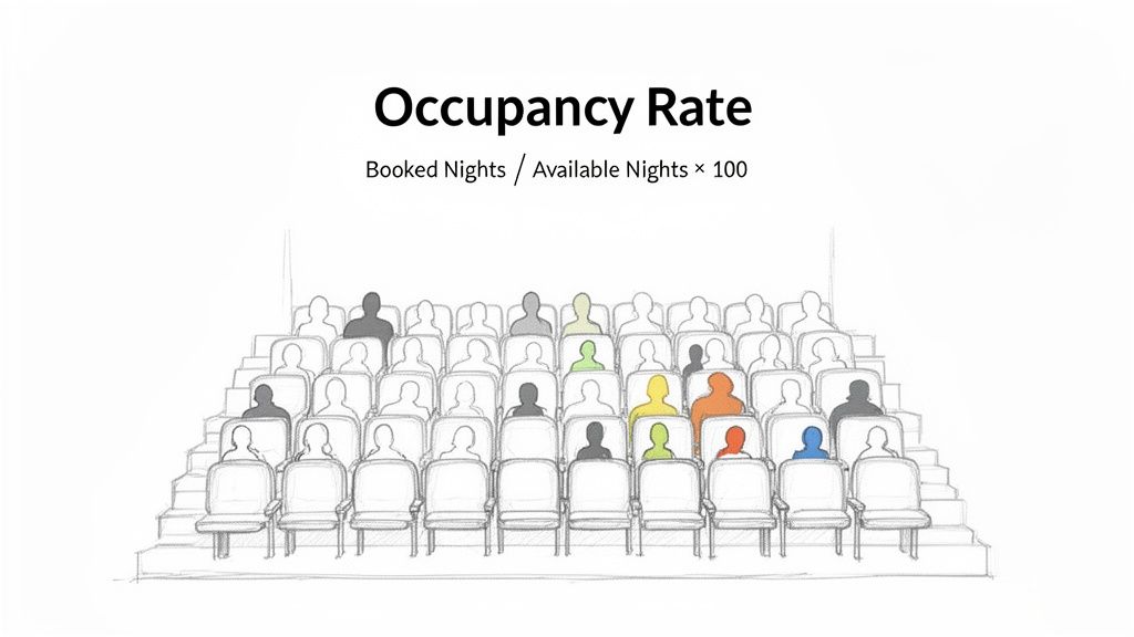 A diagram illustrating the Occupancy Rate formula with an image of occupied and empty auditorium seats.