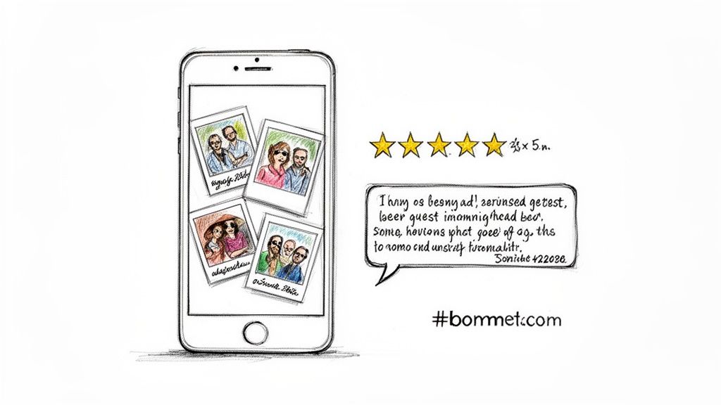 A smartphone displaying polaroid photos, a 5-star rating, and a review speech bubble, illustrating digital marketing.