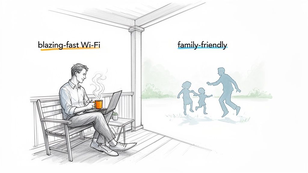 Illustration of a man on a porch using fast Wi-Fi and a family playing outdoors.