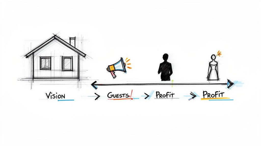 Hand-drawn diagram illustrating a business process from vision (house) to profit via guests and marketing.