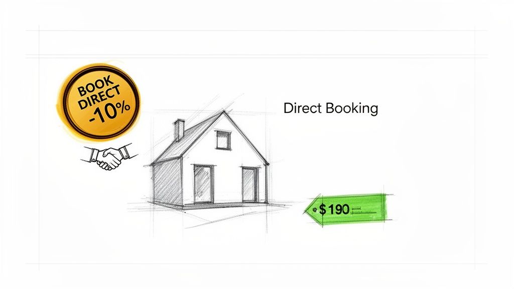 An illustration comparing direct booking with a 10% discount shown with a house, handshake, and a $190 price.