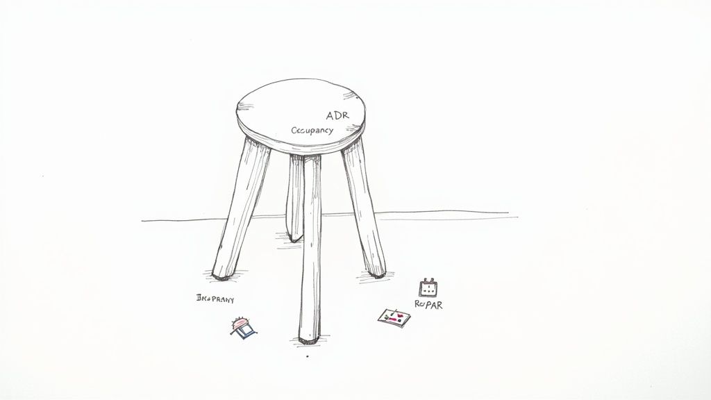 Hand-drawn stool illustrating vacation rental pricing strategy with ADR, Occupancy, and RevPAR metrics.