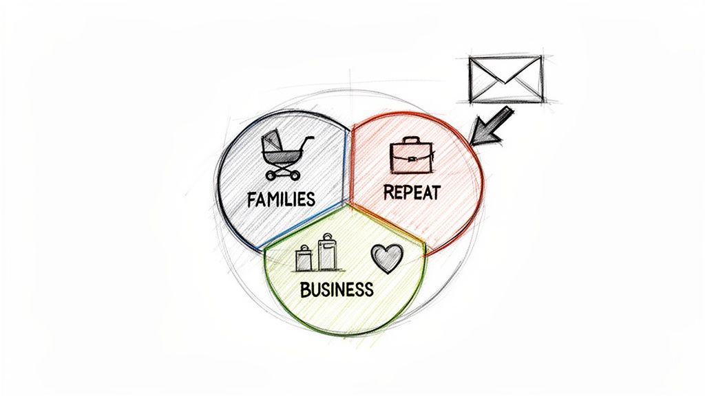Hand-drawn diagram of market segments: Families, Repeat, and Business, with an email symbol.