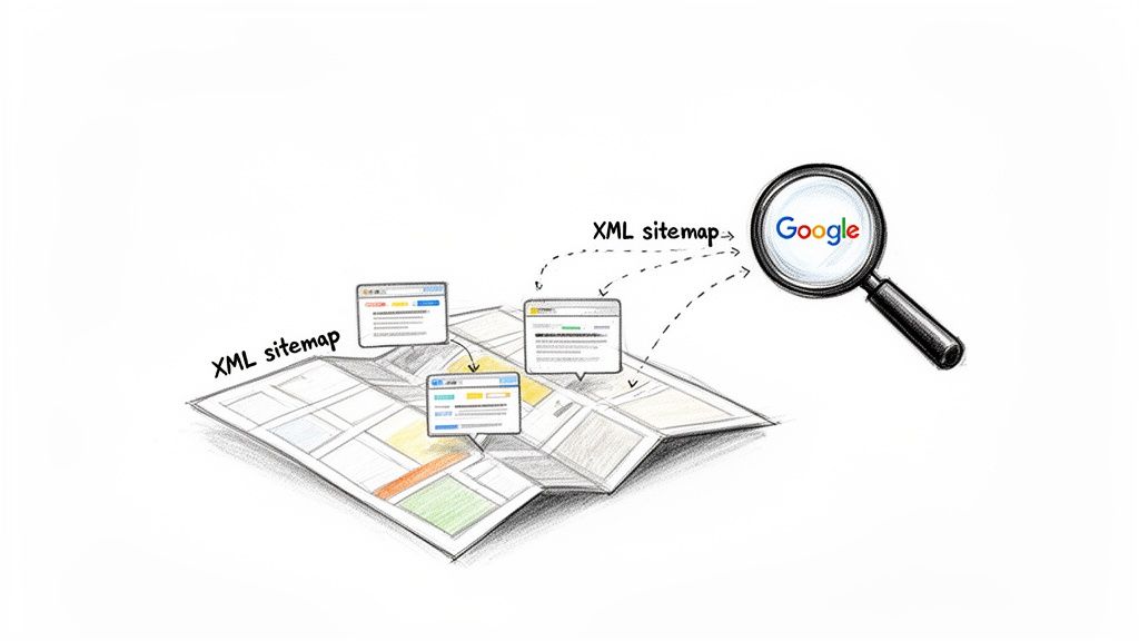 A visual explanation of how XML sitemaps guide Google in discovering and indexing website content.