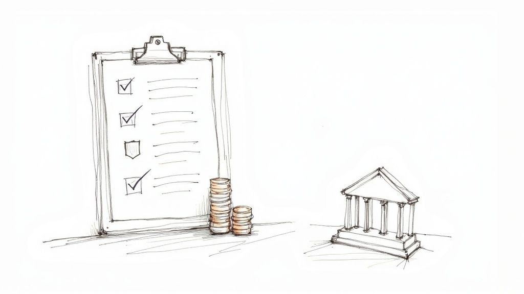 A hand-drawn illustration depicting a clipboard with a checklist, stacks of coins, and a bank building.