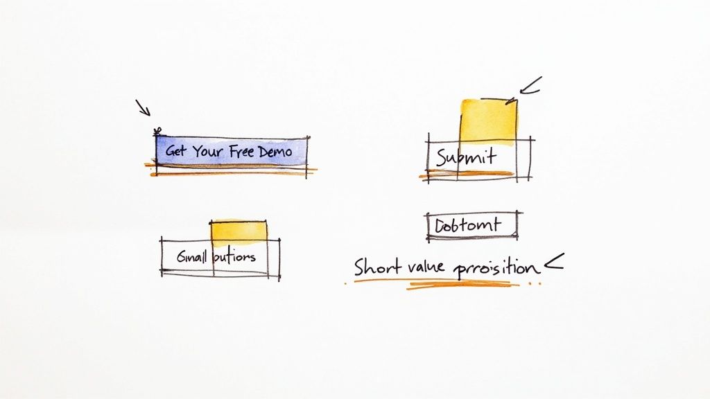 A bright orange call-to-action button that says 'Get Started' being clicked by a cursor arrow.