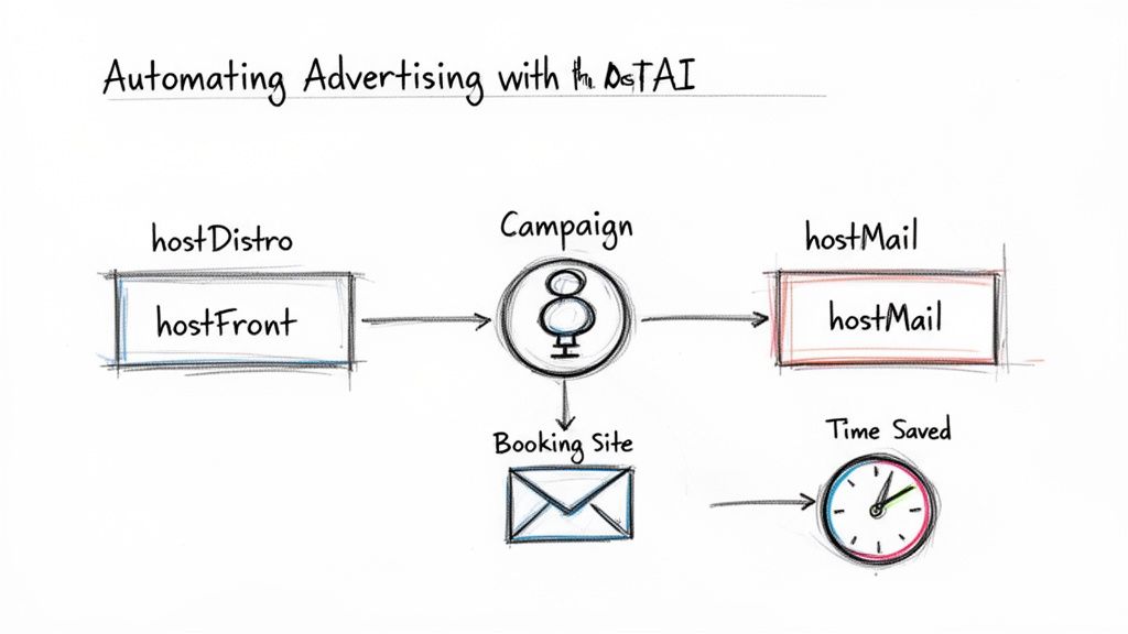 Diagram illustrates automating advertising with OSTAI, showing a process from hostDistro to hostMail and time saved.