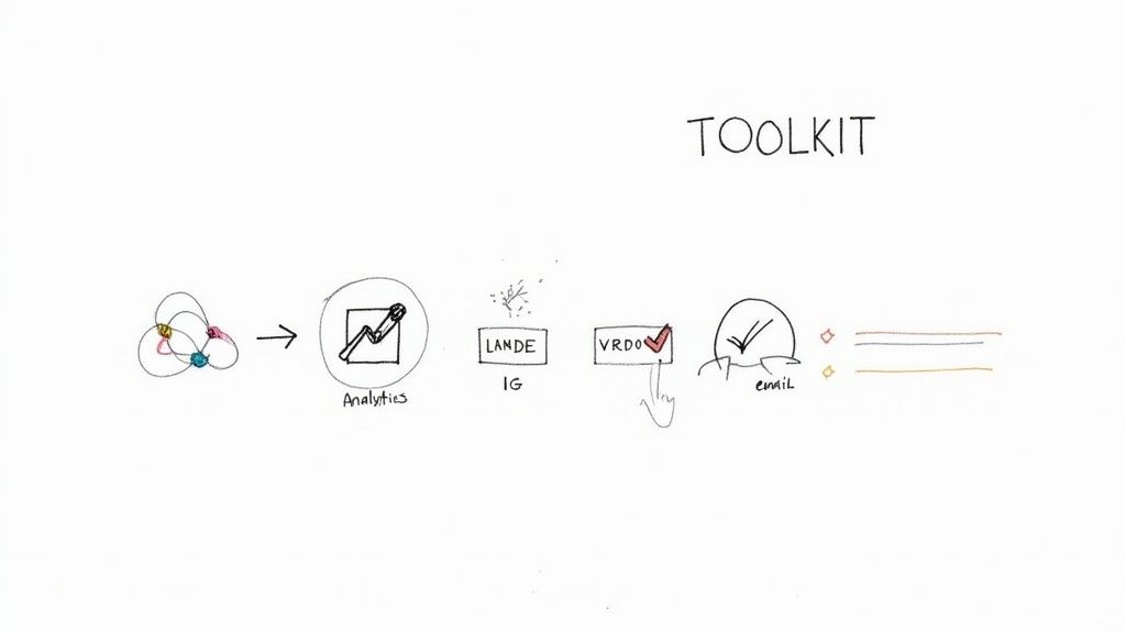 A hand-drawn flowchart illustrating a 'TOOLKIT' workflow, from initial data analytics through platforms and email.